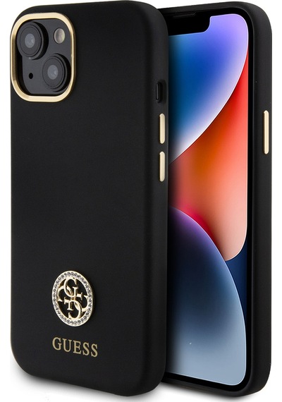 Apple Uyumlu iPhone 15 Kılıf Guess Lisanslı Yazı Ve Taşlı 4g Logolu Metal Kamera Çerçeveli Silikon Kapak Siyah