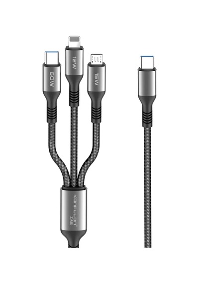 Mey İthalat Dc62 3in1 Type-c To 60w Type-c / 12w Lightning / 15w Micro 1.2m Hızlı Şarj Kablo - Siyah Standart