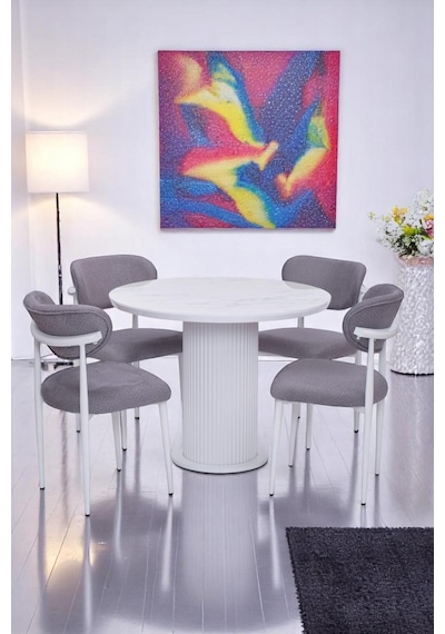 Bohem Polo Yuvarlak Lak Panel Mutfak Masa Takımı 100cm Beyaz Mermer