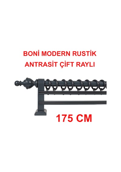 Boni Modern Rustik Ahşap Rustik Perde Askısı Çift Raylı-antrasit 175 Cm Antrasit