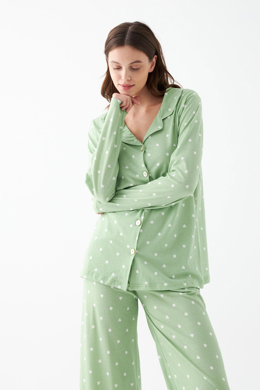 Akbeniz Kadın Yeşil Kalp Desenli Düğmeli Pamuklu Pijama Takımı Yeşil