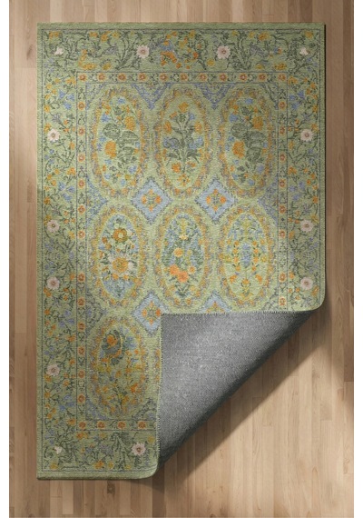 Floris 230 Yeşil Turuncu Çiçekli Bordürlü Eskitme Desenli Dokuma Şönil Bohem Vintage Oda Halısı
