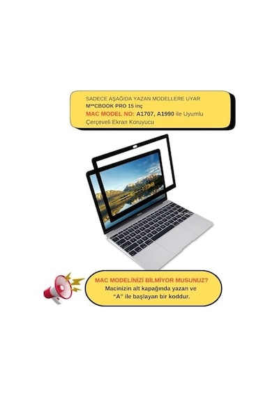 Macbook Pro 15 İnc Uyumlu Cerceveli Mat Anti Glare Ekran Koruyucu Yansima Onleyici Touch Bar Destekli A1707 A1990 Şeffaf