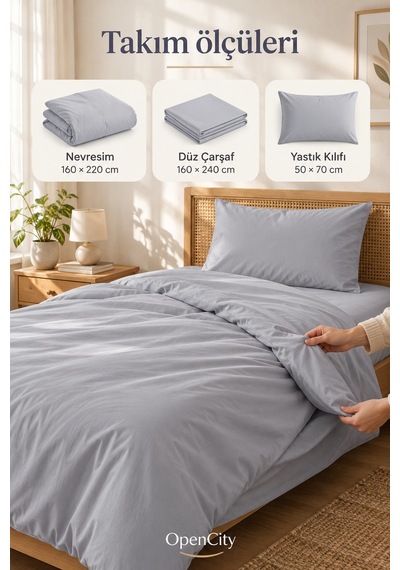 Gri Tek Kişilik Nevresim Takımı 3 Parça Düz Renk 160x220 Nevresim Çarşaf Yastık Kılıfı Sade Tasarım