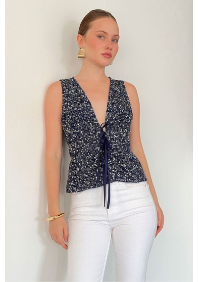 Verymoda V Yaka Belden Bağcıklı Pullu Yelek Bluz D3135 Lacivert