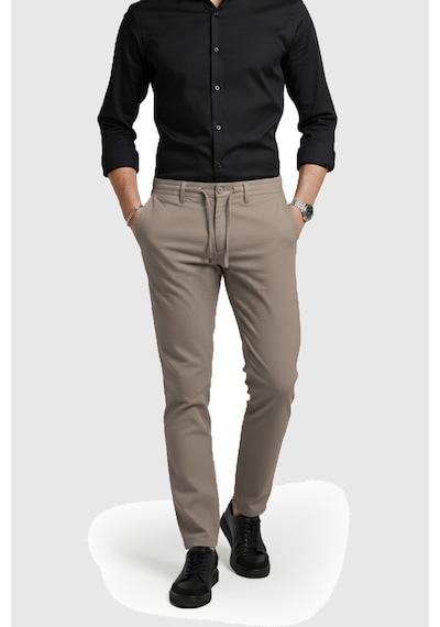 Rizzup Erkek Bej Likralı Gofre Kumaş Beli Lastikli İpli Slim Fit Günlük Pantolon 2600650
