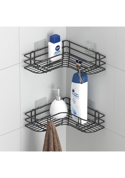 Teknotel Yapışkanlı Kancalı 2 Adet Banyo Köşe Rafı Siyah St276 Çok Renkli