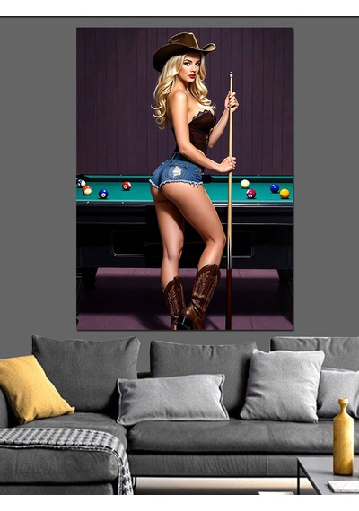 Karizma Tablo Bilardo Oynayan Seksi Kadın Dekoratif Kanvas - Mdf Ahşap Tablo