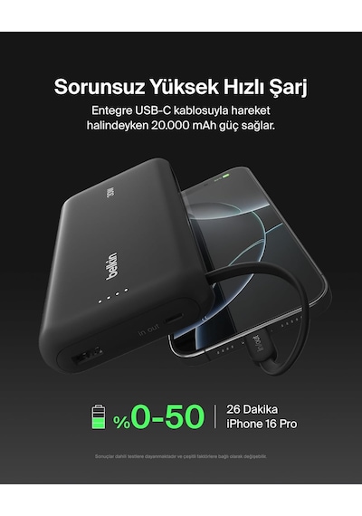 Belkin Taşınabilir Şarj Cihazı, 20k Entegre Kablolu Taşınabilir G