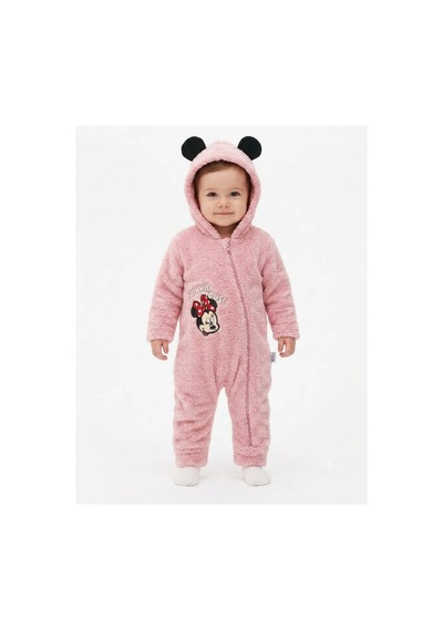Chicsy Baby Tatlı Kız Bebek Minnie Mouse Welsoft Tulum Nakışlı Kulaklı Kapüşonlu Fermuarlı Peluş Kışlık Bebek Tulumu Gül Kurusu