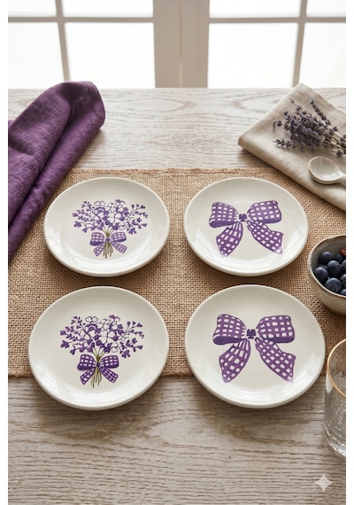 Lila Gift 4 Lü Seramik Tatlı Tabağı 16 Cm Lila Çiçek Desenli Pasta Kahvaltı Sunum Tabak Seti Şık Beyaz