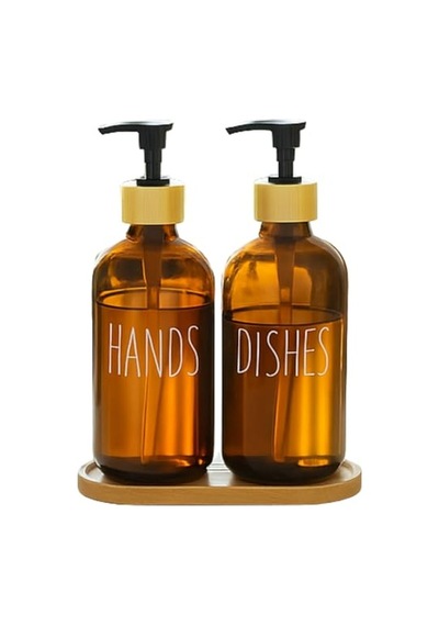Dispenser Seti 2 Li Şişe Hands Dishes Etiketli Bambu Kapaklı Sıvı Sabun Deterjan Pompası Çok Renkli