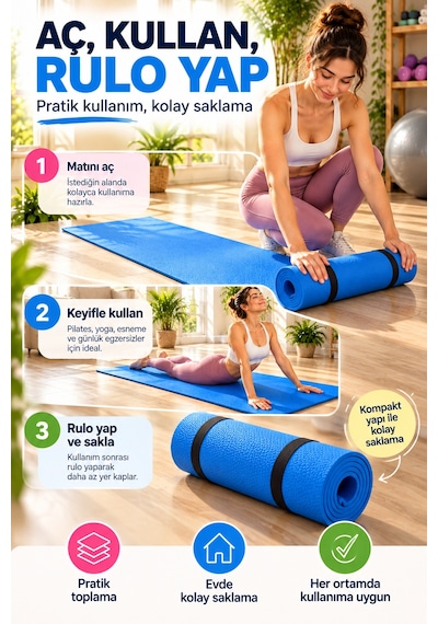 Mavi Pilates Yoga Matı Dokulu Egzersiz Fitness Minderi Evde Spor Ve Esneme Minderi 170x56 Cm 8 Mm