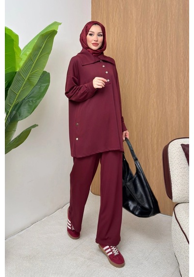 Mihran Butik Soho Elegance Yaka Detaylı Kadın Tesettür Alt Üst Takım Bordo