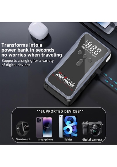 Şarjlı Taşınabilir 12 Volt Akü Takviye Cihazı Lastik Hava Kompresörü 5v Powerbanklı Işıklı Çantalı