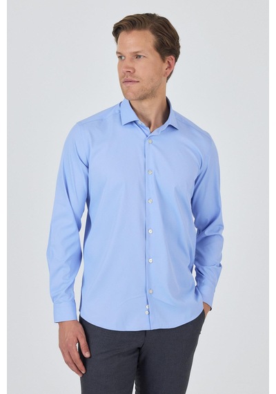 İmza Uzun Kol Düz Bez Ayağı Sert Yaka Cepsiz Pamuklu Classic Slim Fit Gömlek 1004250160 Mavi