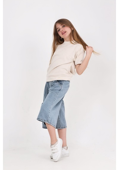 Modanino Kız Çocuk Jean Kaprili 2'li Alt-üst Takım 7-12 Yaş 12673sk Ekru