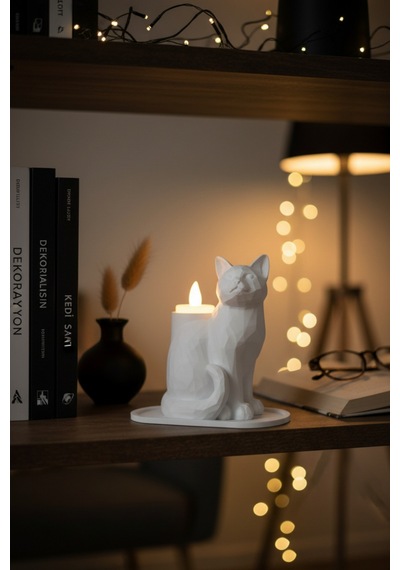 Siyah Kedi Biblo Led Mumluk Dekoratif Şık Ev Ofis Aksesuarı Masa Üstü Hediye