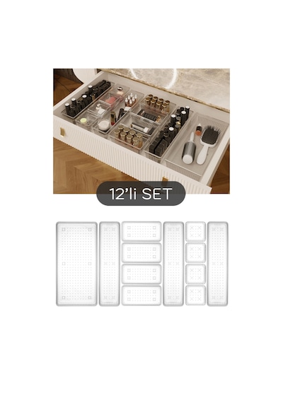 Meleni Home Dolap İçi Takı Makyaj Organizer Çekmece İçi Düzenleyici Set 12'li Şeffaf