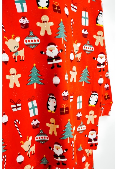 Bunny Hopp %100 Pamuk Interlok Kumaş Unisex Kız Ve Erkek Çocuk Yılbaşı Pijama Takımı Kırmızı Noel Temalı