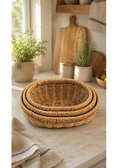 3'lü Oval Hasır Sunumluk Sepet Badya Leğen Tabak Kase - Masaüstü Organizer Rattan Sunum Meyvelik - Ekstra Kaliteli Çelik Rattan