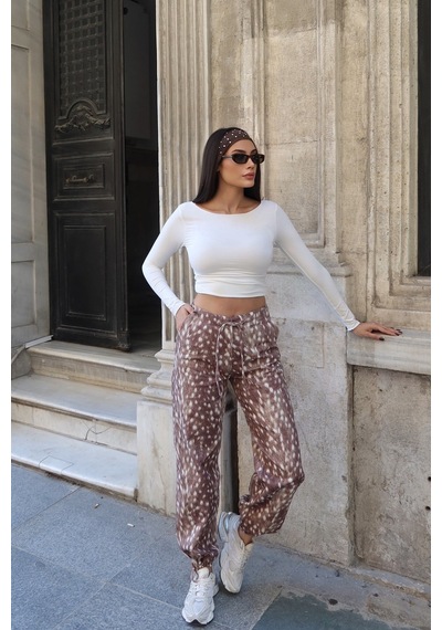 Kechi Woman Kadın Gabardin Ceylan Desenli Beli Lastikli Jogger Pantolon Kw3166
