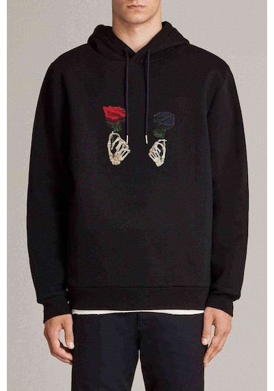 Skull Rose Kurukafa Gül Baskılı Siyah Erkek Kapşonlu Sweatshirt