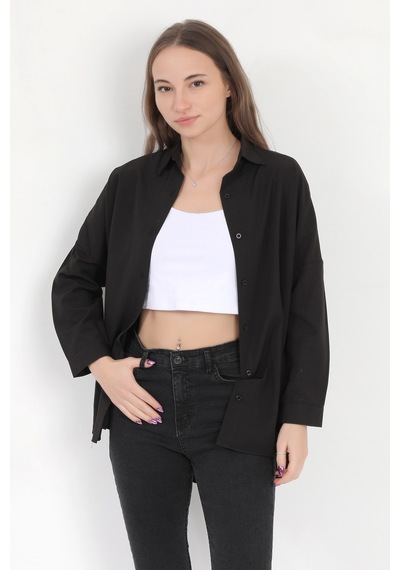Giysa Kadın Siyah Uzun Kollu Basic Pamuklu Oversize Gömlek - 3900 Siyah