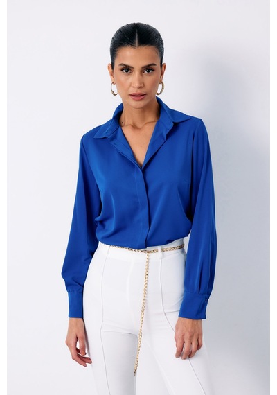 Sateen Klasik Düz Gömlek - Sax Mavi-132870 Saks