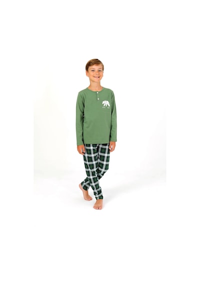Vitmo Erkek Çocuk Uzun Kollu %100 Pamuklu Düğme Detaylı Pijama Takımı Everest Yeşil