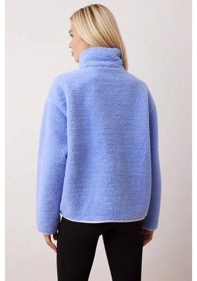 Benerly Kadın Dik Yaka Düşük Kol Tam Fermuarlı Peluş Sweatshirt Fonksiyon Açık Mavi