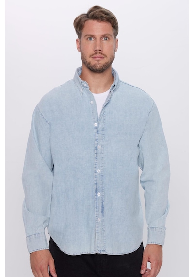Tudors Erkek Relax Fit Rahat Kesim %100 Pamuk Denim Kot Mavi Düğmeli Yaka Gömlek-32128 Mavi