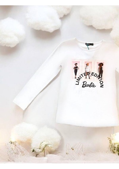 Zekids Kız Çocuk Pamuklu Mevsimlik İnce Uzun Kol Barbie Tshirt-14474 Beyaz