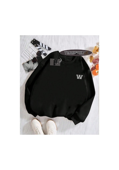 Tarzsokak Biskilet Yaka Sweatshirt Siyah W Harfi İsme Özel Tasarım