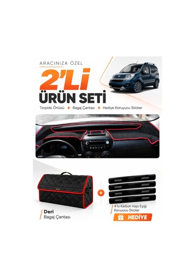Fiat Fiorino 2007-2026 Uyumlu Torpido Örtüsü + Deri Bagaj Çantası + Sticker Seti - Siyah Kırmızı