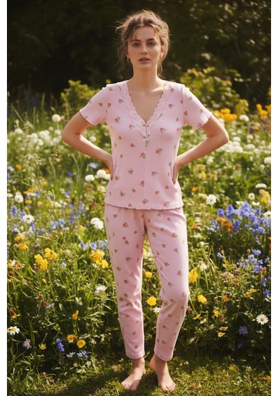 Siyah İnci Dantelli Bürümcük-krınkıl Kısa Kollu Pijama Takım 26120727 Somon
