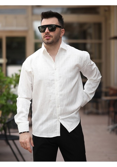 Yeni Sezon Eşref Tek Hafif Oversize Uzun Kollu Likralı Ütü İstemez Trend Çizgili Gömlek Beyaz Kndn Çzgl