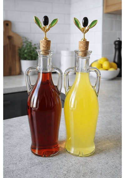 2'li Amfora Model Zeytin Mantar Tıpalı Cam Yağ Şişesi - 750ml. Şeffaf Sirke Limon Suyu Şişesi - Zeytin Dalı Şeffaf