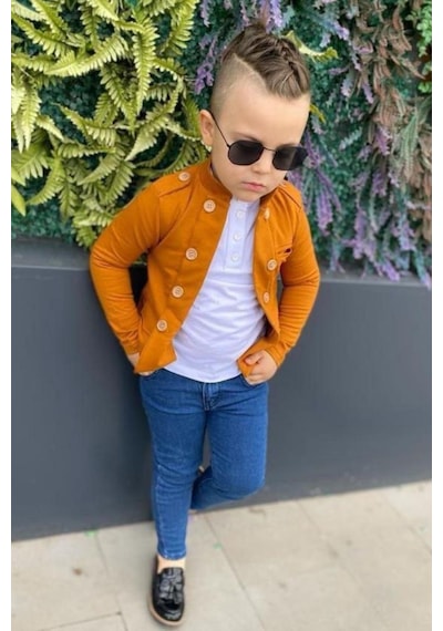 Riccotarz Erkek Çocuk Omzu Ve Ceket Yakası Düğme Detaylı Cepli Blazer Ceketli Hardal Alt Üst Takım 001 Riccotarz Erkek Çocuk Omzu Ve Ceket Yakası Düğme Detaylı Cepli Blazer Ceketli Hardal Alt Üst Takım 001