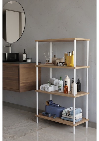 4 Katlı Çevir Kur Metal Gövdeli Banyo Rafı Çok Amaçlı Düzenleyici Organizer Stand Banyo Dolabı Atlantik Çam