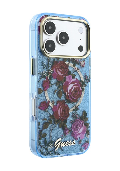 Apple iPhone 18 Pro Max Uyumlu Kılıf Guess Lisanslı M-safeli Gül Desenli Simli Yazı Logolu Kapak Açık Mavi