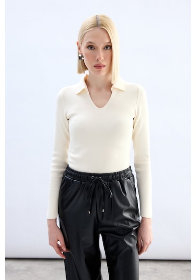 Sateen Polo Yaka Triko - Ekru-132061 Ekru