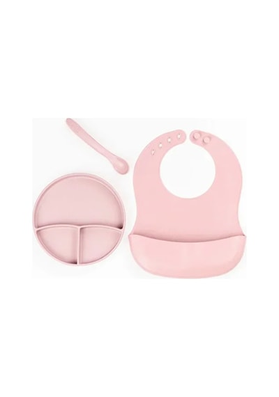 Pembe 3 Lü Silikon Yemek Seti Önlük + Diş Kaşıyıcılı Kaşık + Vakumlu Tabak