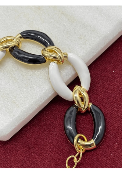 Siyah Beyaz Renkli Altın Detaylı Halka Şekilli Gold İthal Bileklik Gold