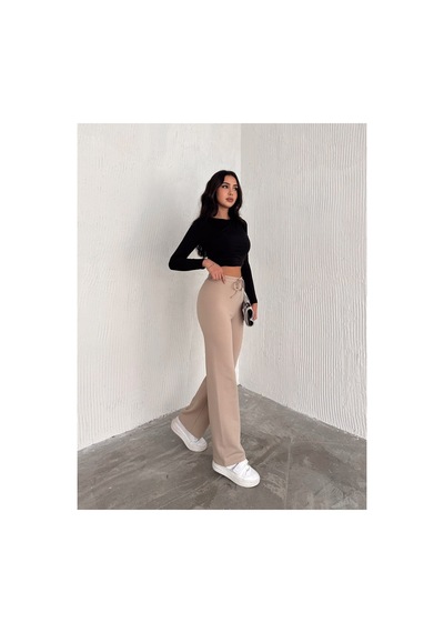 Dechival Kadın Bol Paça Fitilli Pantolon Yazlık Wide Leg Eşofman Altı Ekru
