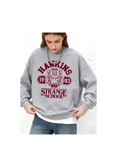 Startmore Tarzsokak Hawkins Strange School Baskılar Tişörtü Kadın Kış Polar Sıcak Kapüşonlular Bisiklet Yaka Jogg Gri