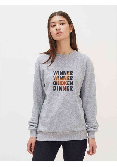 Pubg Winner Tavuk Baskılı Gri Kadın Sweatshirt