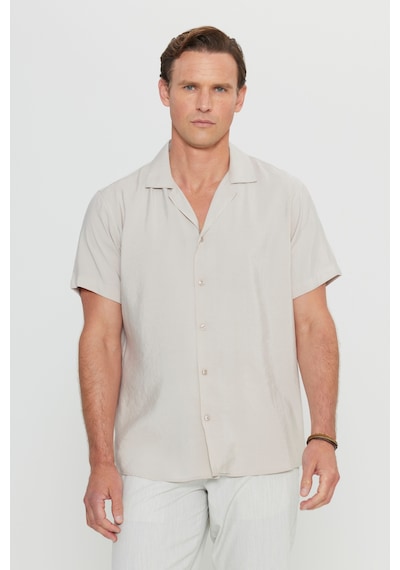 AC&Co / Altınyıldız Classics  Erkek Bej Yumuşak Dokulu Comfort Fit Rahat Kesim Hawai Yaka Gömlek Bej
