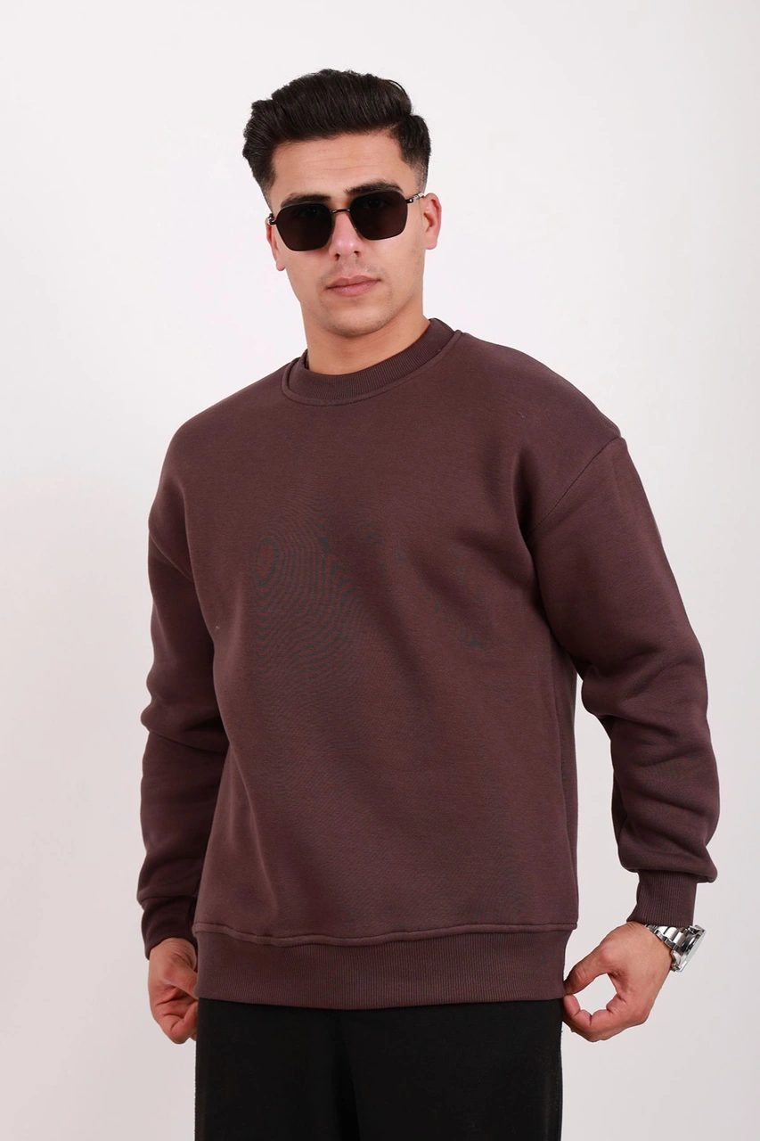 Erkek Standart Fit Bol Kesim %100 Pamuklu Içi Şardonlu 3 Iplik Bisiklet Yaka Sweatshirt Kahverengi