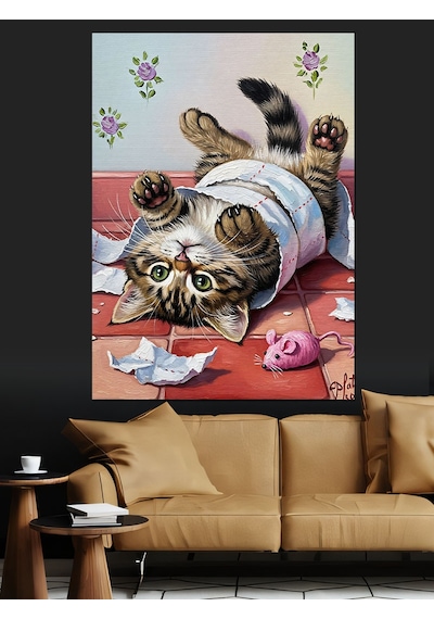 Ahşap Tablo Havluya Sarılı Komik Kedi